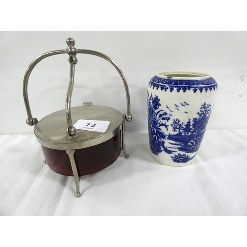 73 - 18th century Worcester blue & white Fisherman pattern caddy (lacking cover), & an epns and r... 