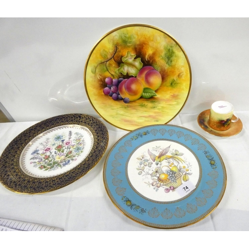 74 - Hand painted fruit plate by J Mottram and two Aynsley cabinet plates, also hand painted cabinet cup ... 