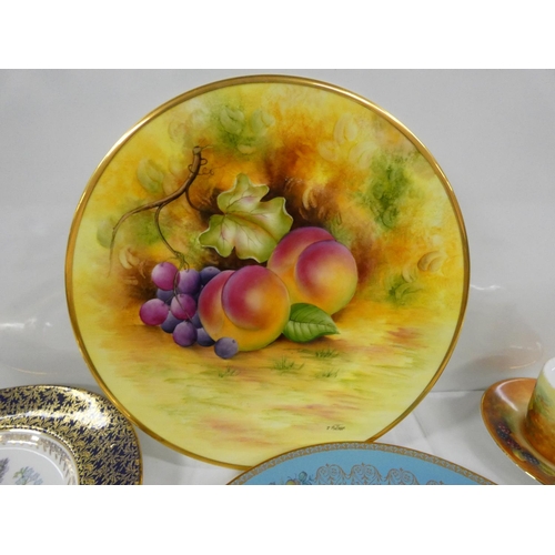 74 - Hand painted fruit plate by J Mottram and two Aynsley cabinet plates, also hand painted cabinet cup ... 