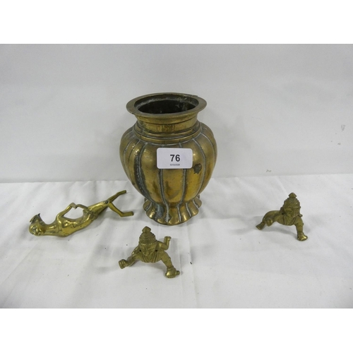 76 - Brass temple jar with character marks to base and three Hindu figures.