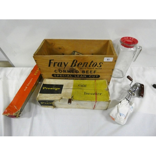 81 - Box of vintage kitchenelia to include Fray Bentos box, whisk etc.
