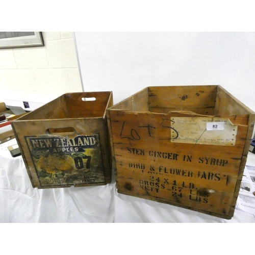 82 - Two vintage pine boxes to include stem ginger also New Zealand apples.