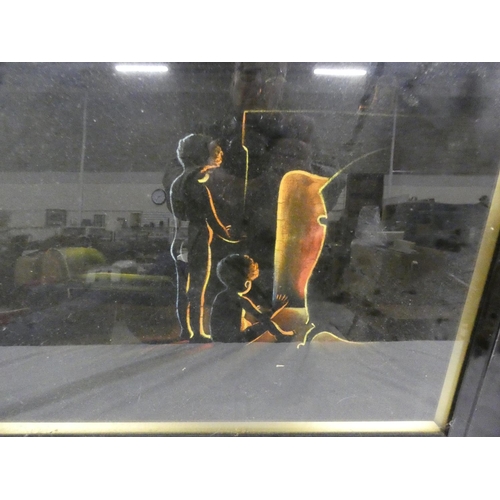 90 - Pair of children warming by the fire, oil on canvas in ebonised frame 89cm x 60cm