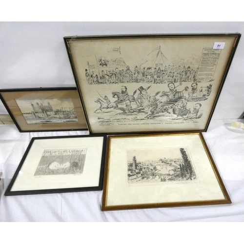 91 - Four vintage prints to include Thames, town scene etc.