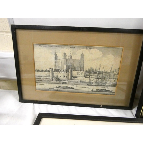 91 - Four vintage prints to include Thames, town scene etc.