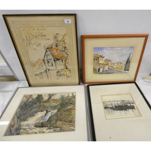 92 - Four vintage pictures to include H G Bowes town scene, Sam Garratt etching etc.