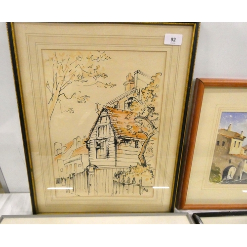 92 - Four vintage pictures to include H G Bowes town scene, Sam Garratt etching etc.