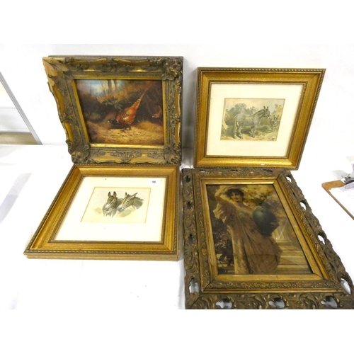 98 - Various prints and oilograph of a pheasant, crystoleum.