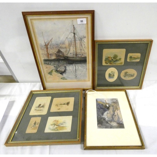 99 - Four watercolours to include Harbour scene mountain landscape.