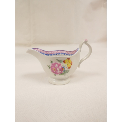 60 - New Hall small butter boat, rare form low lobed body with clip handle, floral spray decoration, pink... 