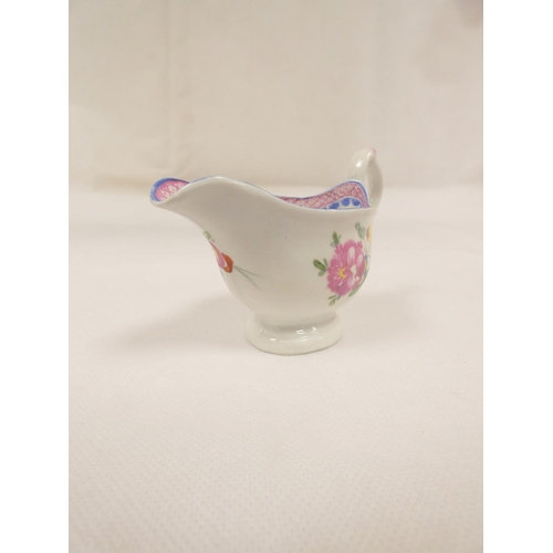 60 - New Hall small butter boat, rare form low lobed body with clip handle, floral spray decoration, pink... 