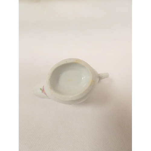 60 - New Hall small butter boat, rare form low lobed body with clip handle, floral spray decoration, pink... 