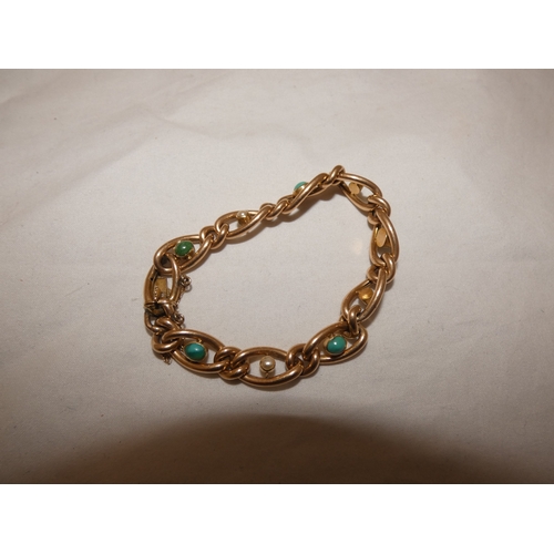 111 - 15ct gold seed pearl and turquoise bracelet, 14.6g gross.