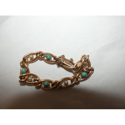 111 - 15ct gold seed pearl and turquoise bracelet, 14.6g gross.