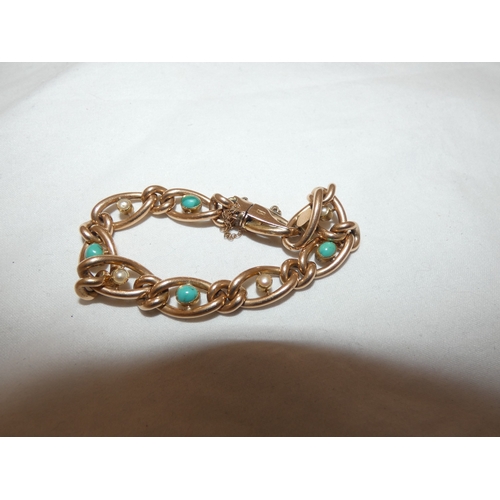 111 - 15ct gold seed pearl and turquoise bracelet, 14.6g gross.