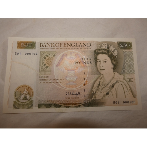 114 - Uncirculated Bank of England &pound;50 banknote, Kentfield, E01 000169, first prefix, series D.