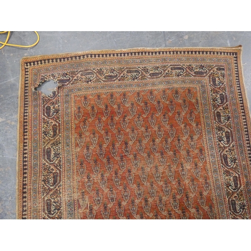 186 - Persian hand-knotted tribal rug and a Persian Sarouk rug (both have tears and wear).&nbsp; (2)