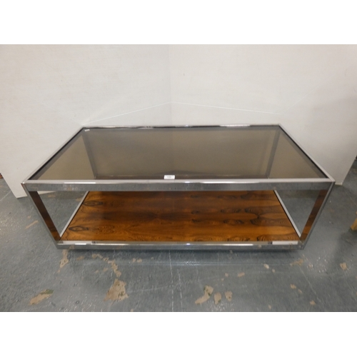 196 - Retro chrome coffee table with veneered base and glass top.
