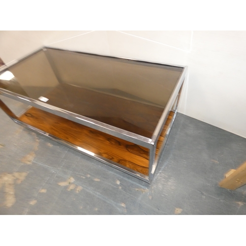 196 - Retro chrome coffee table with veneered base and glass top.