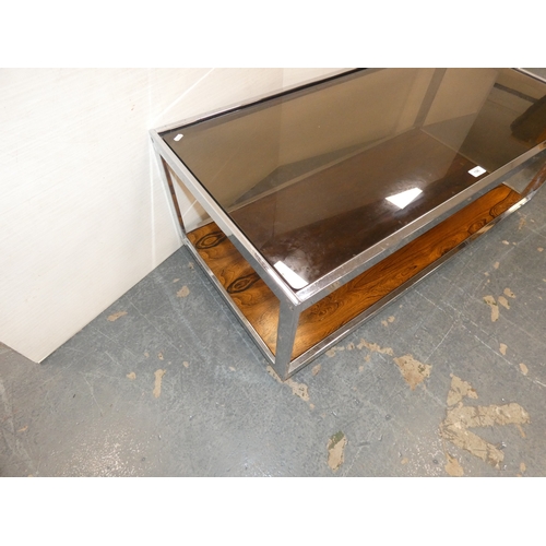 196 - Retro chrome coffee table with veneered base and glass top.