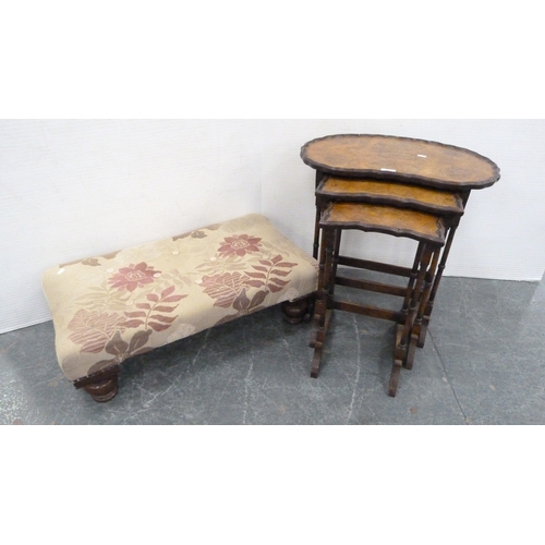 203 - Walnut nest of three tables and a floral upholstered stool.