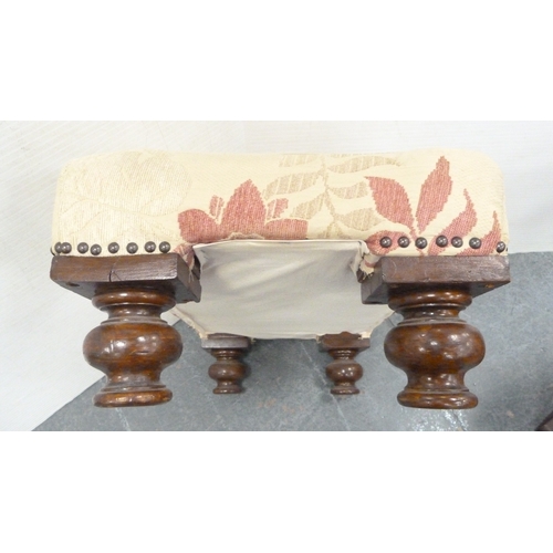 203 - Walnut nest of three tables and a floral upholstered stool.