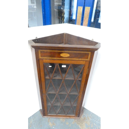 207 - 19th century inlaid mahogany corner cabinet with astragal glazed door.