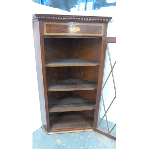 207 - 19th century inlaid mahogany corner cabinet with astragal glazed door.