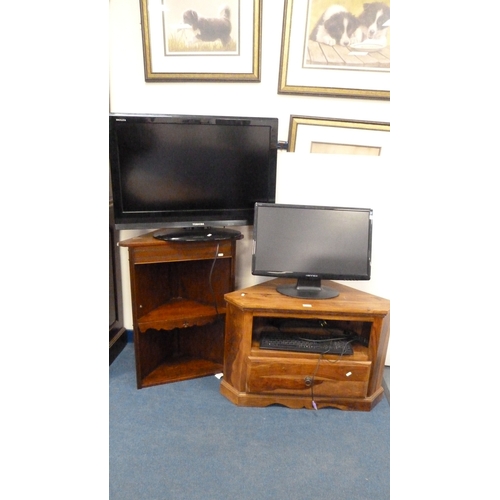 224 - Corner television stand, computer monitor, keyboard, Toshiba television and an oak corner stand.
