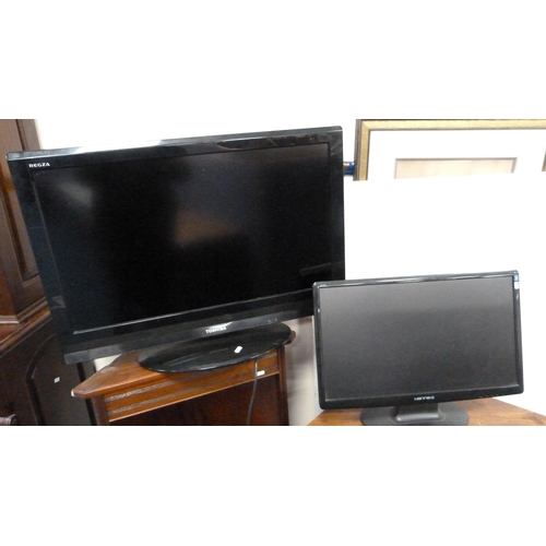 224 - Corner television stand, computer monitor, keyboard, Toshiba television and an oak corner stand.