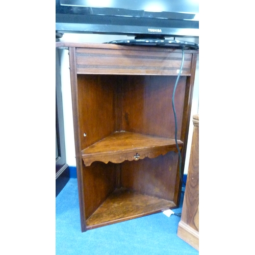 224 - Corner television stand, computer monitor, keyboard, Toshiba television and an oak corner stand.