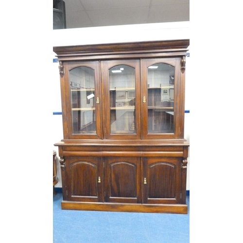 225 - Victorian-style large mahogany glazed bookcase/display cabinet on chiffonier three-drawer cupboard b... 