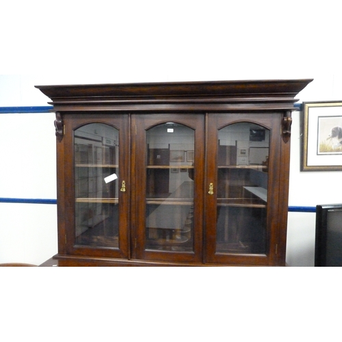 225 - Victorian-style large mahogany glazed bookcase/display cabinet on chiffonier three-drawer cupboard b... 