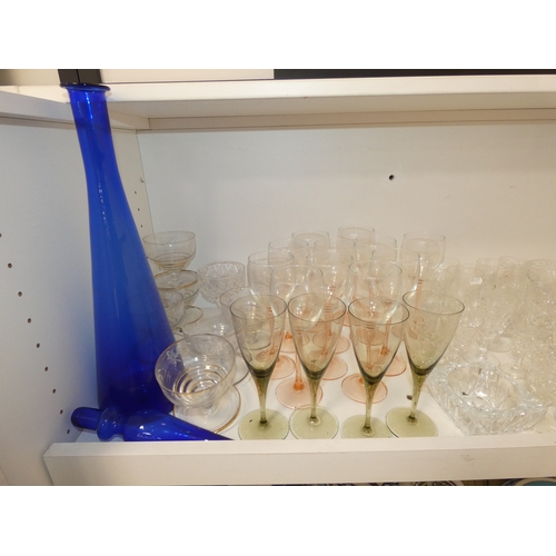 67 - Assorted glassware to include wine glasses, Bristol-style blue glass decanter and stopper, crystal w... 