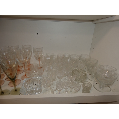 67 - Assorted glassware to include wine glasses, Bristol-style blue glass decanter and stopper, crystal w... 