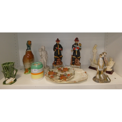 69 - Art Deco Gray's Pottery storage jar and cover, jug modelled as a duck, pair of bourbon whisky decant... 