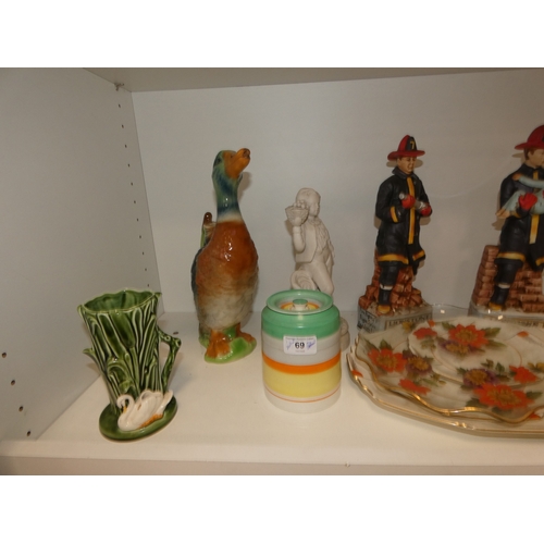 69 - Art Deco Gray's Pottery storage jar and cover, jug modelled as a duck, pair of bourbon whisky decant... 