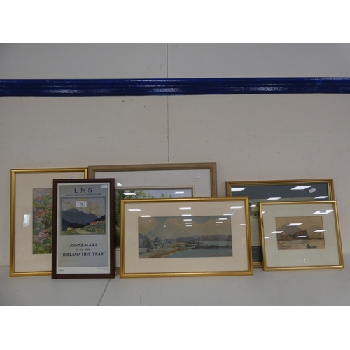 79 - Prints and pictures to include LMS Railway Connemara print by Paul Henry, landscape scenes, and a wa... 