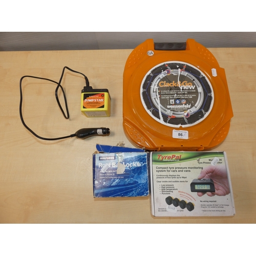 86 - Clack & Go tyre chains, cased, tyre pressure monitor system, jumpstar, roof bar locks etc.