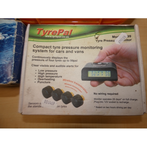 86 - Clack & Go tyre chains, cased, tyre pressure monitor system, jumpstar, roof bar locks etc.