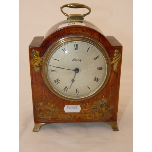 98 - Asprey chinoiserie mantel clock with gilt feet and handle. Height approx. 17cms.