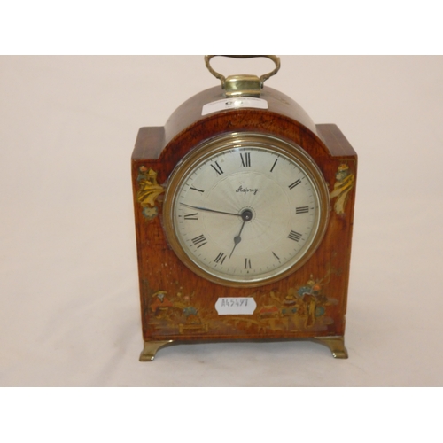 98 - Asprey chinoiserie mantel clock with gilt feet and handle. Height approx. 17cms.