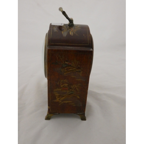 98 - Asprey chinoiserie mantel clock with gilt feet and handle. Height approx. 17cms.