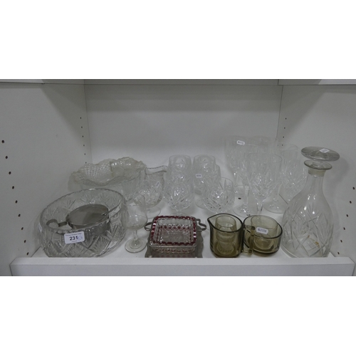 231 - Cut crystal and glassware to include bowls, glasses, decanter etc (one shelf).