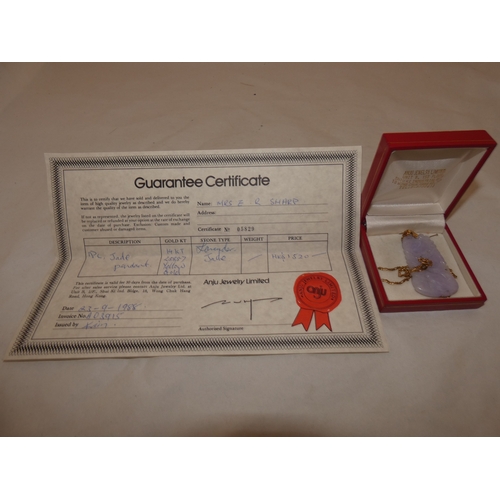 238 - Lavender jade pendant on a 14kt yellow gold chain, 16.2g gross, with certificate.