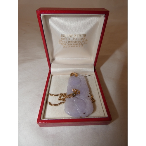 238 - Lavender jade pendant on a 14kt yellow gold chain, 16.2g gross, with certificate.