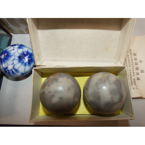 251 - Group of modern Chinese and Oriental wares to include a pair of Japanese cups, boxed set of health b... 