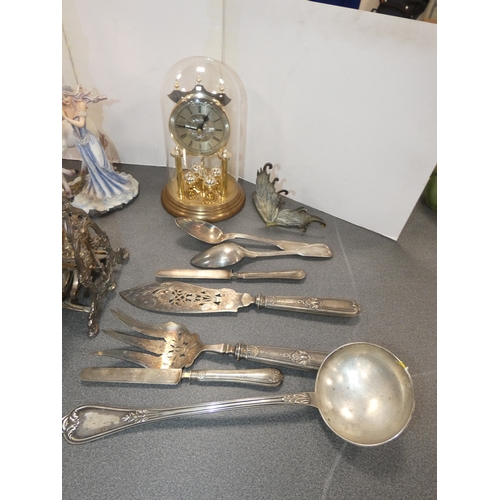 266 - Anniversary clock, cut glass bedroom lamp and shade, EP breakfast dish, loose cutlery, contemporary ... 