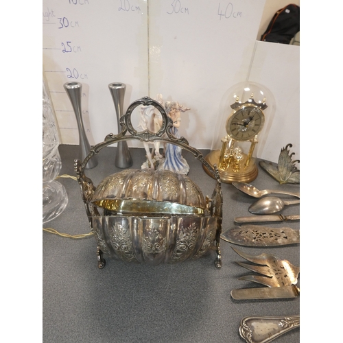 266 - Anniversary clock, cut glass bedroom lamp and shade, EP breakfast dish, loose cutlery, contemporary ... 