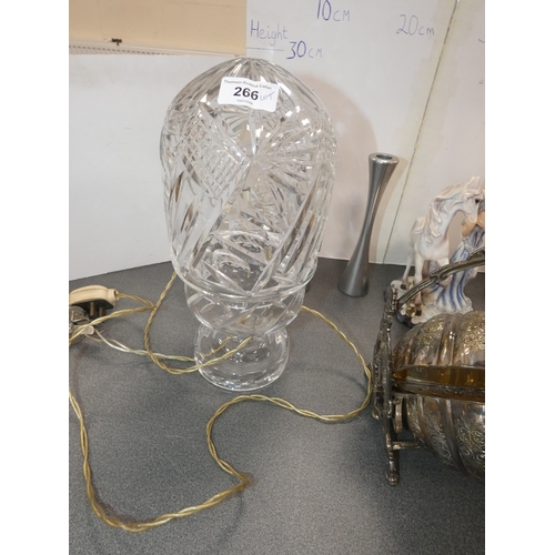 266 - Anniversary clock, cut glass bedroom lamp and shade, EP breakfast dish, loose cutlery, contemporary ... 